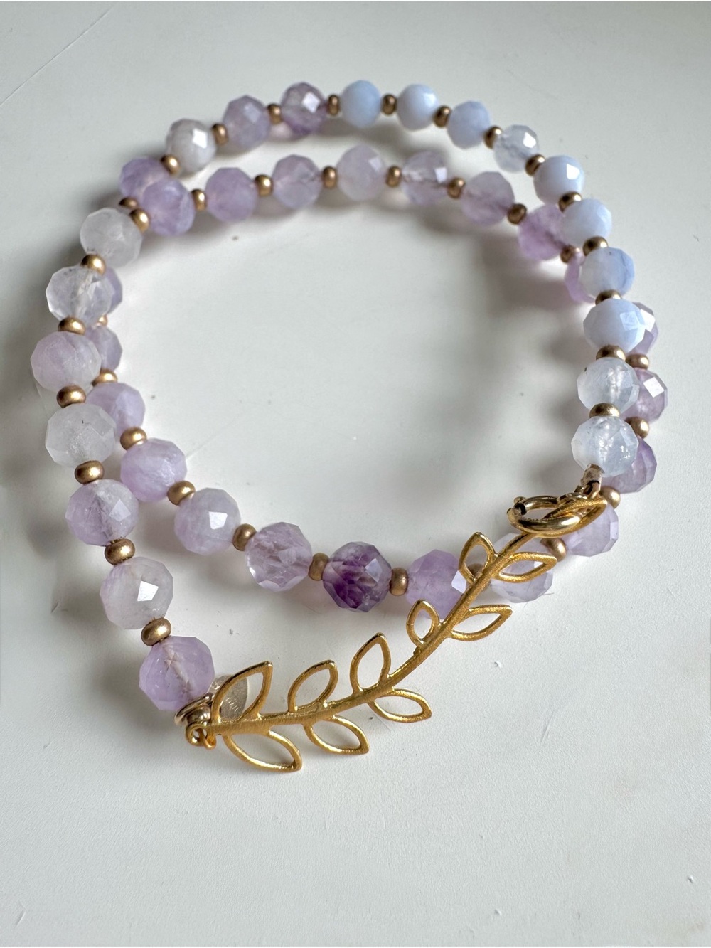 Semi Precious Faceted Amethyst Beaded Wrap Bracelet with Gold Vermeil Leaf